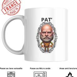Mug blanc personnalisé avec portrait illustré et prénom, pictogrammes lave-vaisselle et micro-ondes