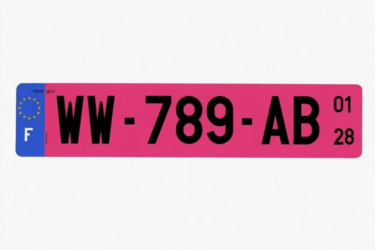 Plaque WW rose provisoire WW-789-AB avec date de fin de validité 01/28