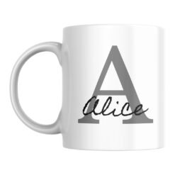 Mug personnalisé prénom blanc avec grande initiale A grise et prénom Alice en calligraphie noire