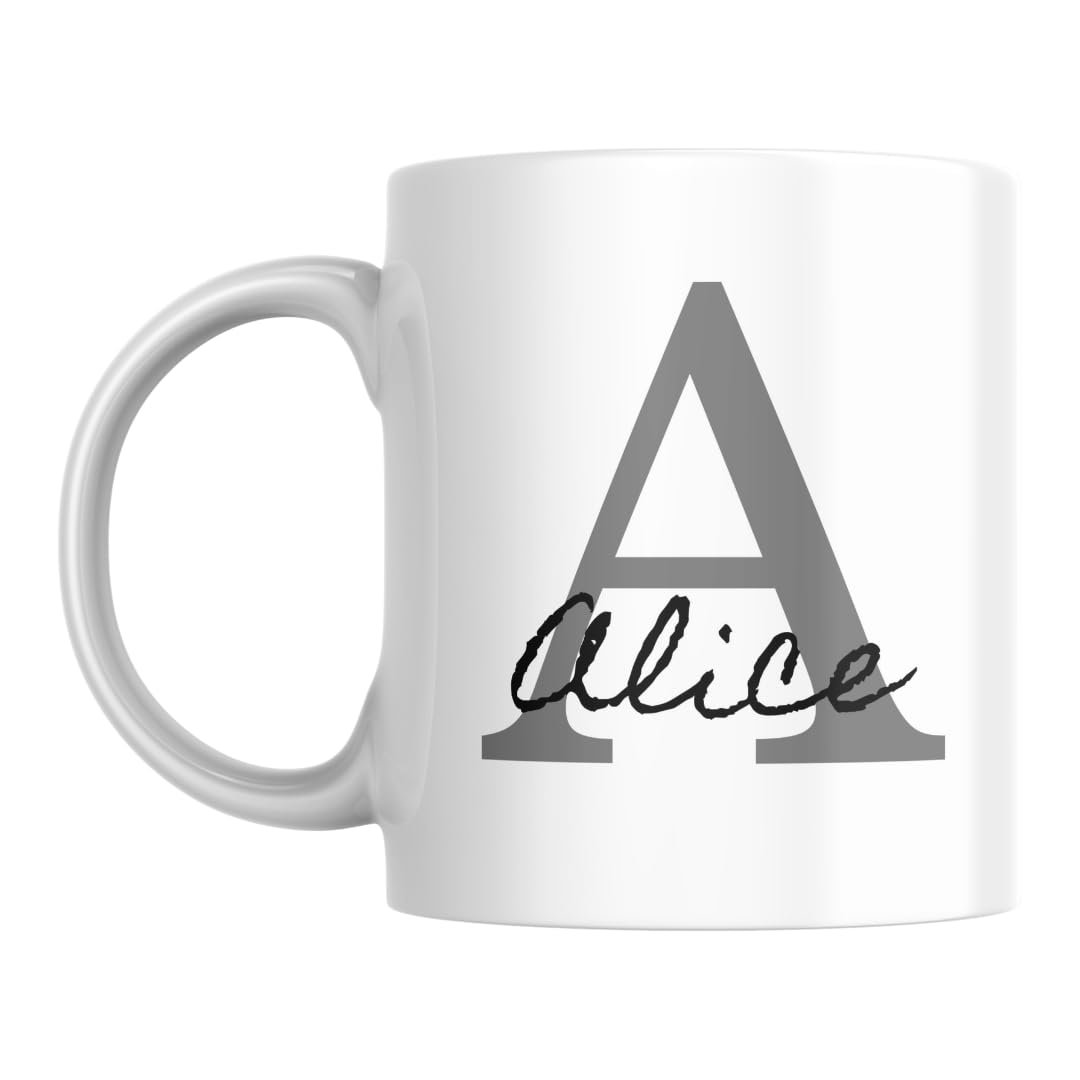 Mug personnalisé prénom blanc avec grande initiale A grise et prénom Alice en calligraphie noire