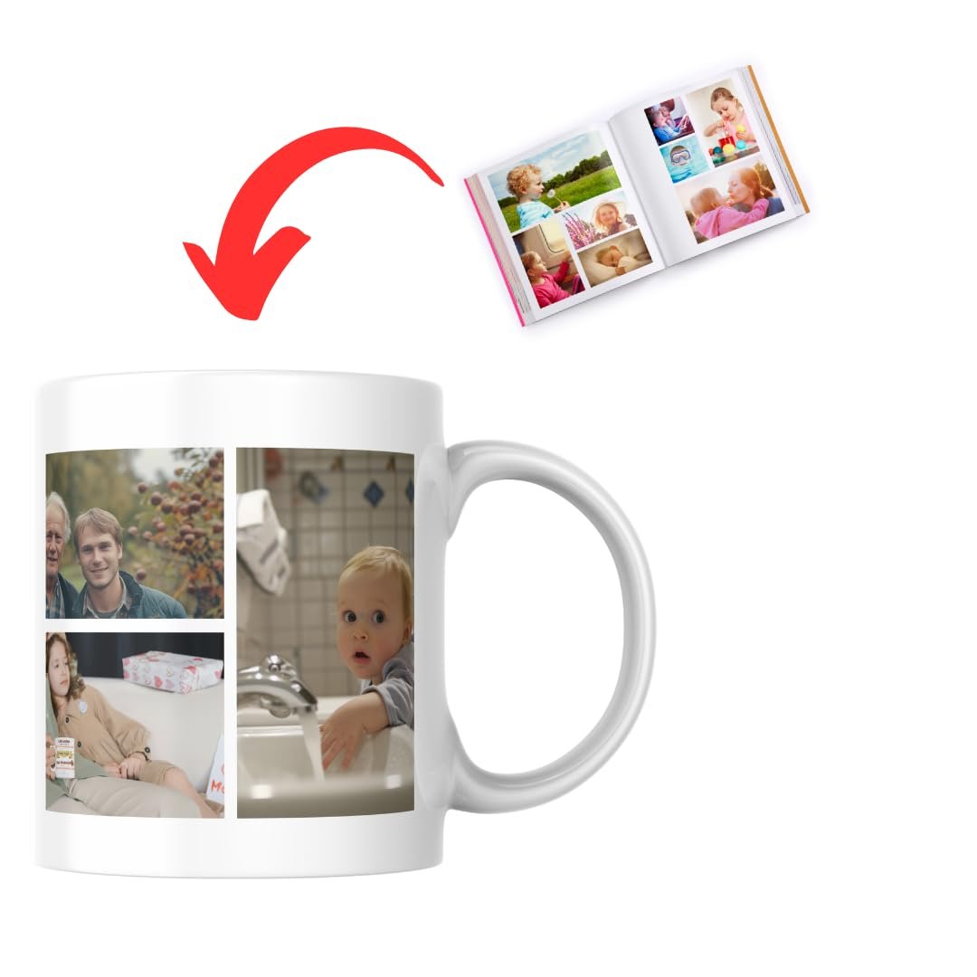 Photos d’un album réunies en collage sur un mug personnalisé