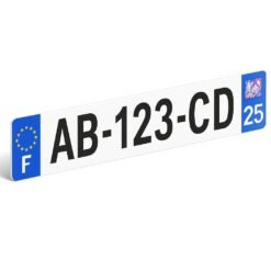 Plaque d’immatriculation blanche AB-123-CD au format SIV sans cadre noir, avec bande européenne F et numéro de département