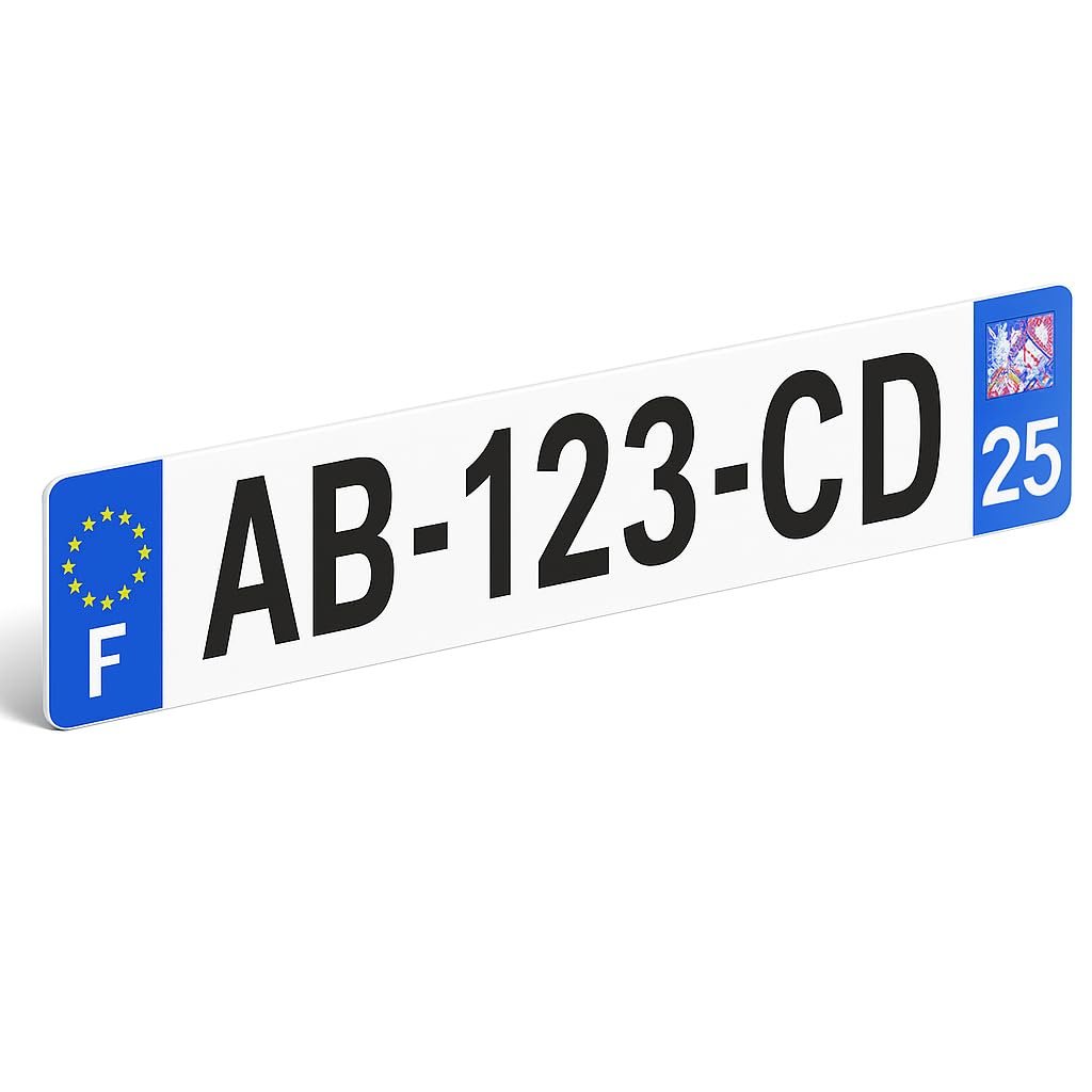 Plaque d’immatriculation blanche AB-123-CD au format SIV sans cadre noir, avec bande européenne F et numéro de département