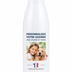 Gourde personnalisée photo blanche en inox avec photo d’une fillette et de son chien, texte et bouchon inox