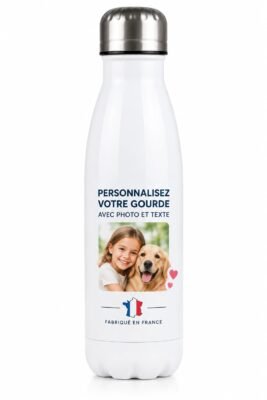 Gourde personnalisée photo blanche en inox avec photo d’une fillette et de son chien, texte et bouchon inox