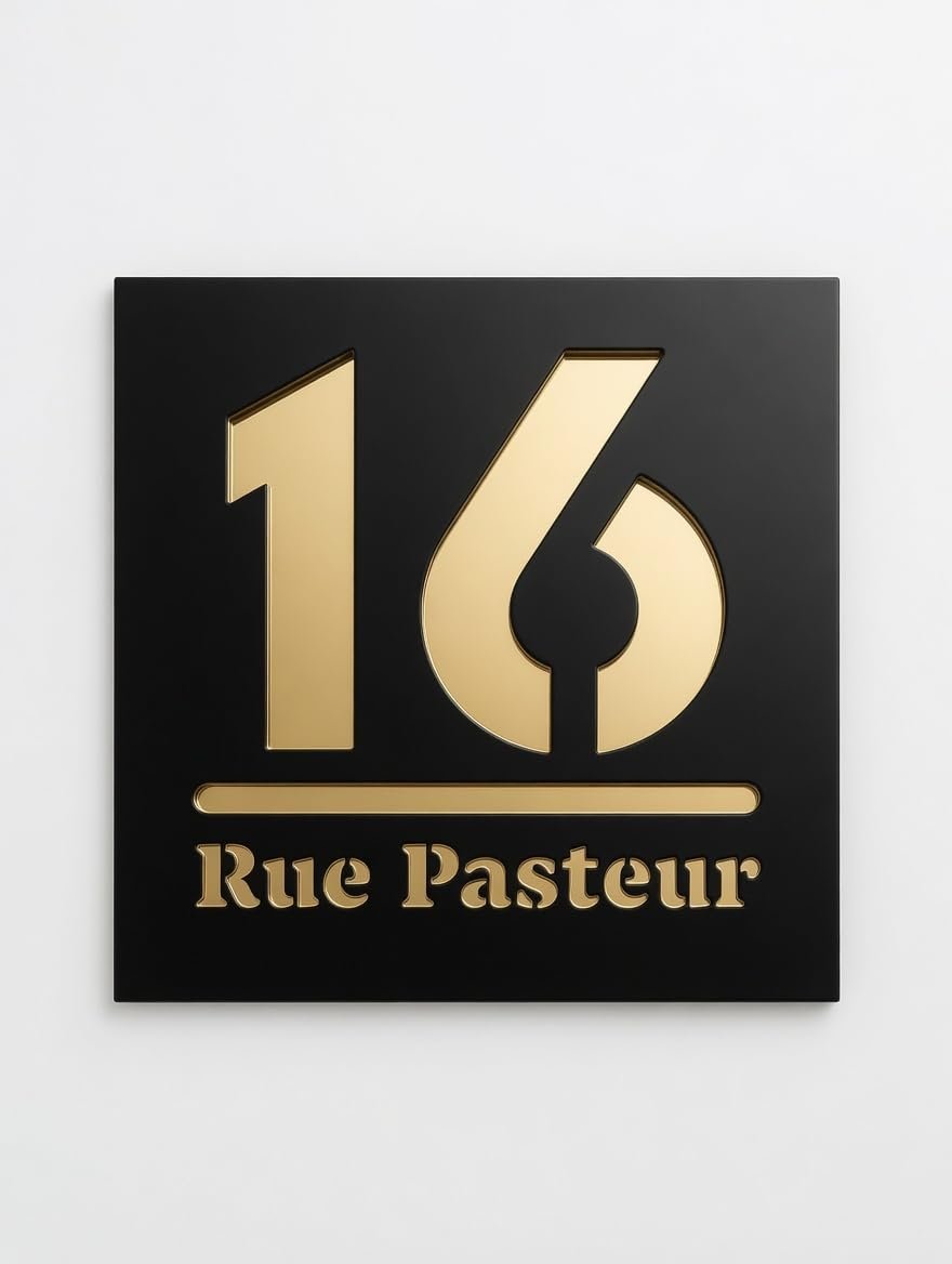 Plaque numéro maison noir mat et miroir doré, numéro découpé au laser