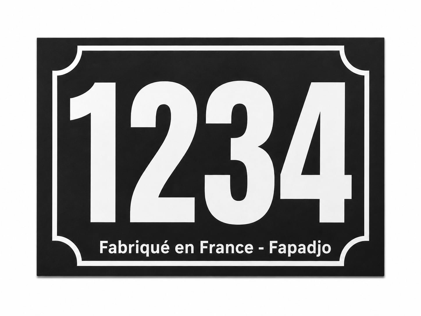 Plaque numéro maison personnalisée noire avec numéro gravé blanc, exemple avec le numéro 1234