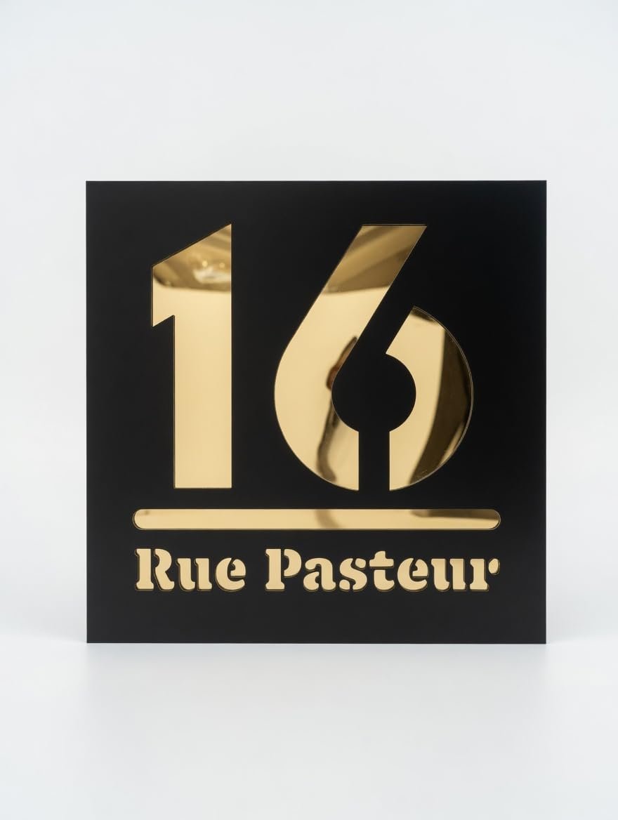Plaque numéro maison noir et doré personnalisée 16 Rue Pasteur