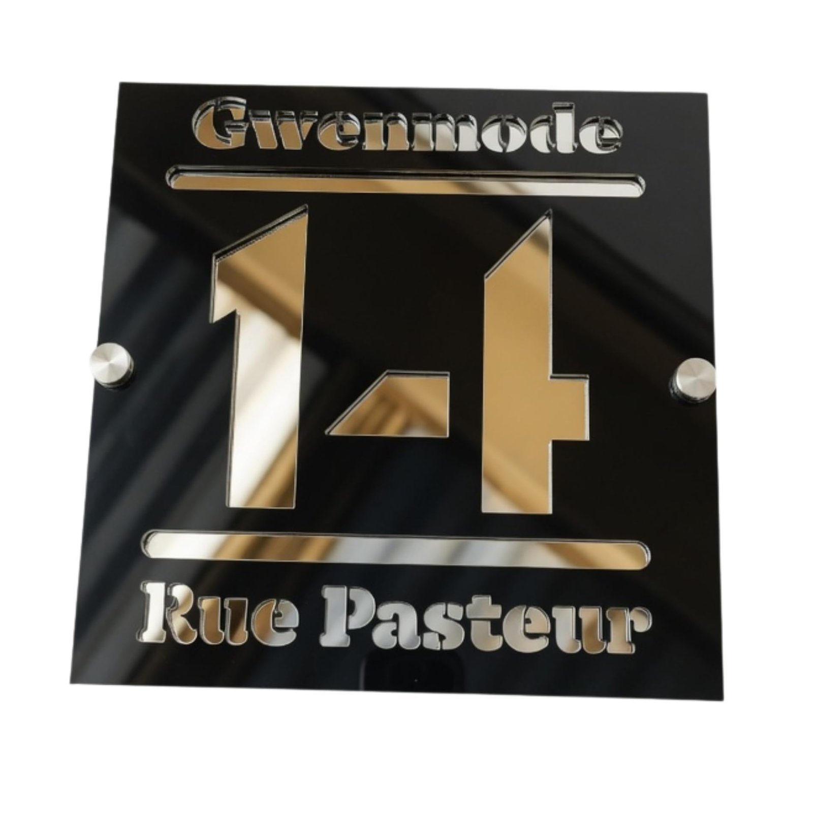 Plaque numéro maison noir et argent personnalisée Gwenmode 14 Rue Pasteur
