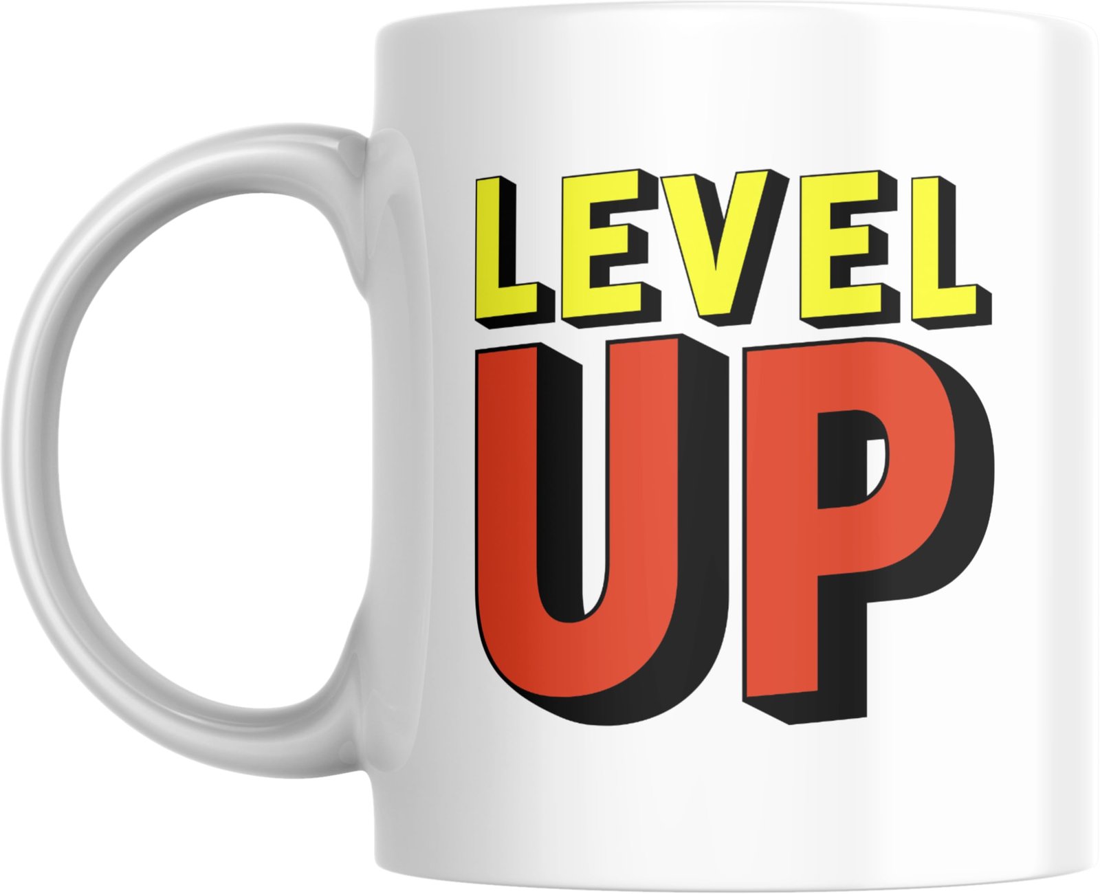 Face arrière du mug geek avec LEVEL UP en lettres jaunes et rouges