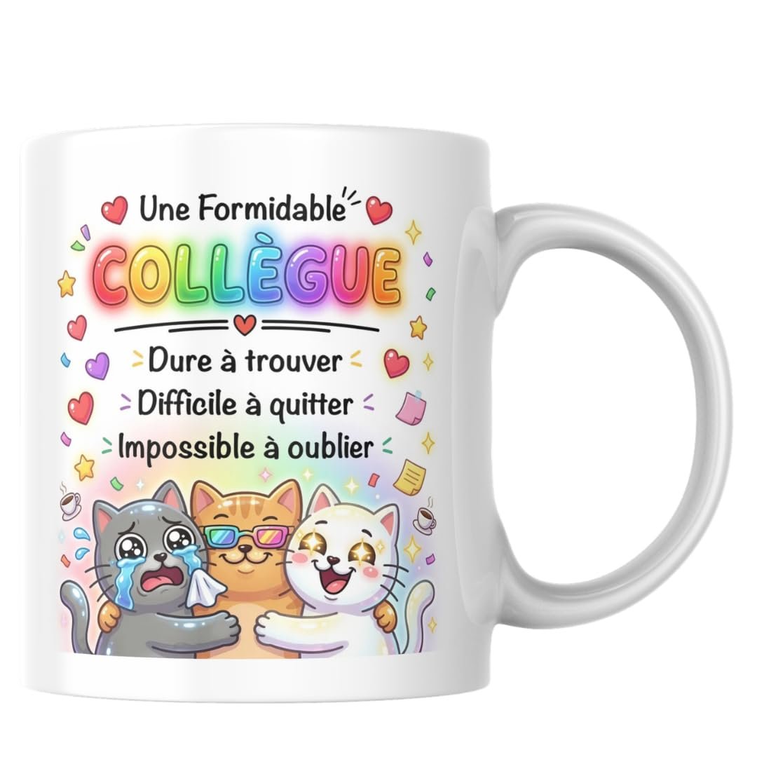 Mug formidable collègue avec trois chats et le message dure à trouver difficile à quitter impossible à oublier