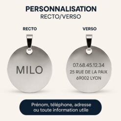 Gravure recto verso de la médaille : prénom au recto, téléphone et adresse au verso