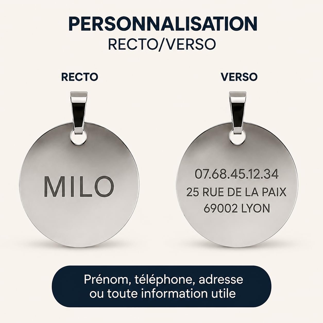 Gravure recto verso de la médaille : prénom au recto, téléphone et adresse au verso