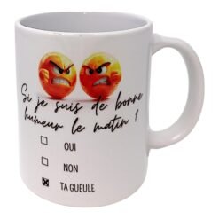 Mug humeur du matin vu de face avec le questionnaire oui non