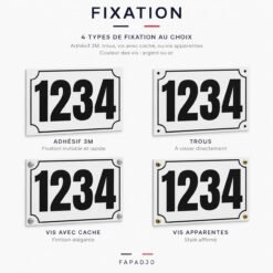 Les types de fixation de la plaque numéro maison personnalisée : adhésif, trous et vis avec cache-vis