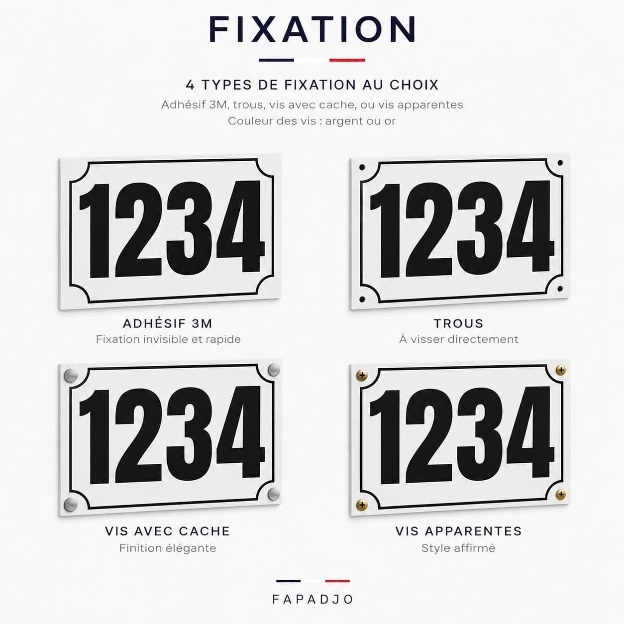 Les types de fixation de la plaque numéro maison personnalisée : adhésif, trous et vis avec cache-vis