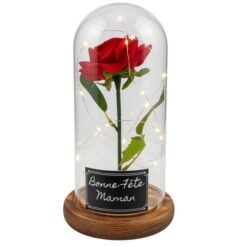 Rose éternelle personnalisée sous cloche LED avec étiquette Bonne fête Maman