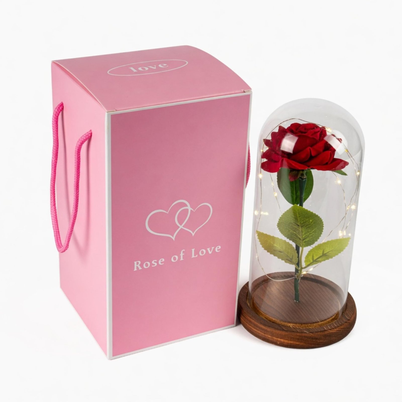 Coffret rose Rose of Love à poignées et rose rouge sous dôme en verre