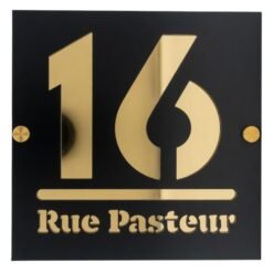 Plaque numéro maison noir et doré avec entretoises dorées