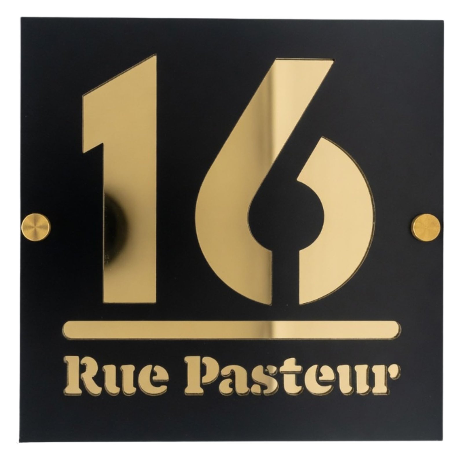 Plaque numéro maison noir et doré avec entretoises dorées