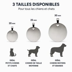 Comparatif des tailles de la médaille ronde selon la taille du chien ou du chat