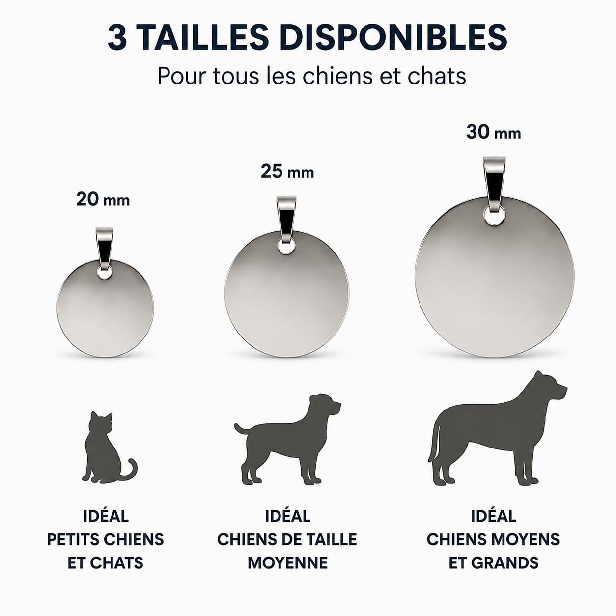 Comparatif des tailles de la médaille ronde selon la taille du chien ou du chat