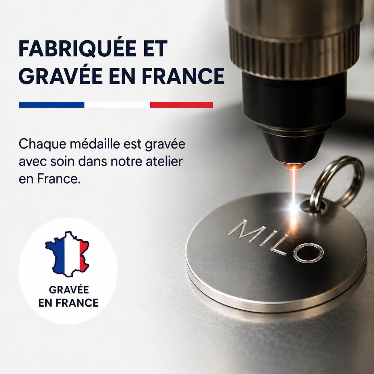 Gravure du prénom Milo sur une médaille ronde dans notre atelier d’Auby (Nord)