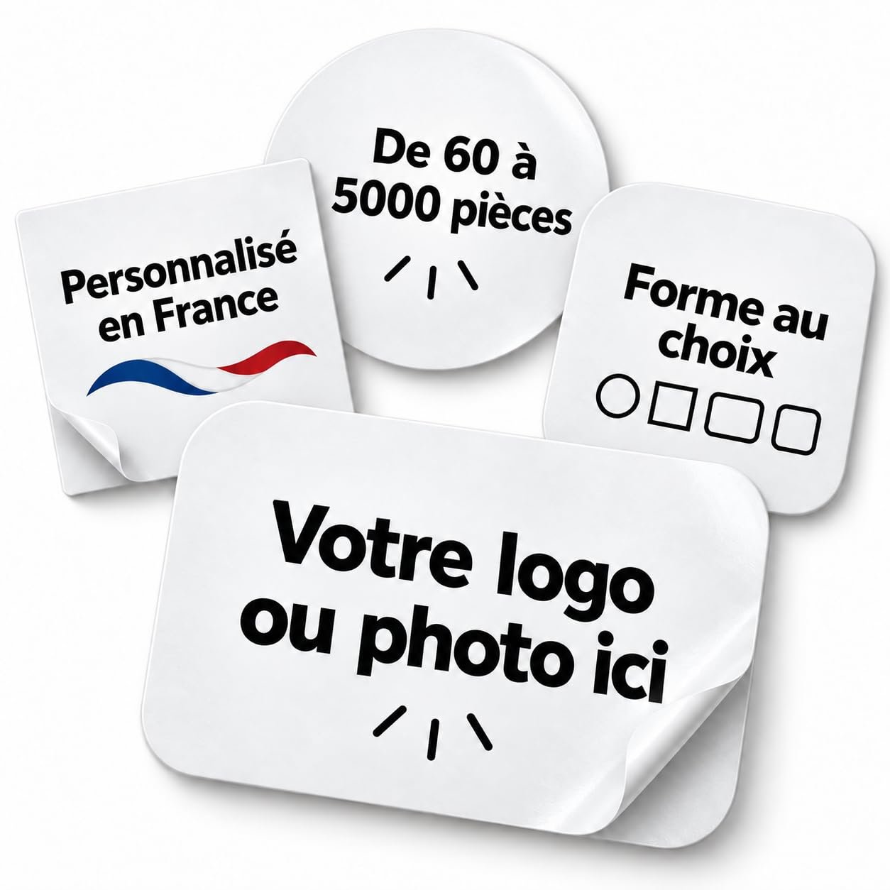 Stickers personnalisés avec votre logo ou photo, de 60 à 5000 pièces, plusieurs formes au choix