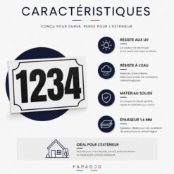 Infographie des caractéristiques de la plaque numéro maison personnalisée : acrylique 1,6 mm résistant aux UV et à l’eau