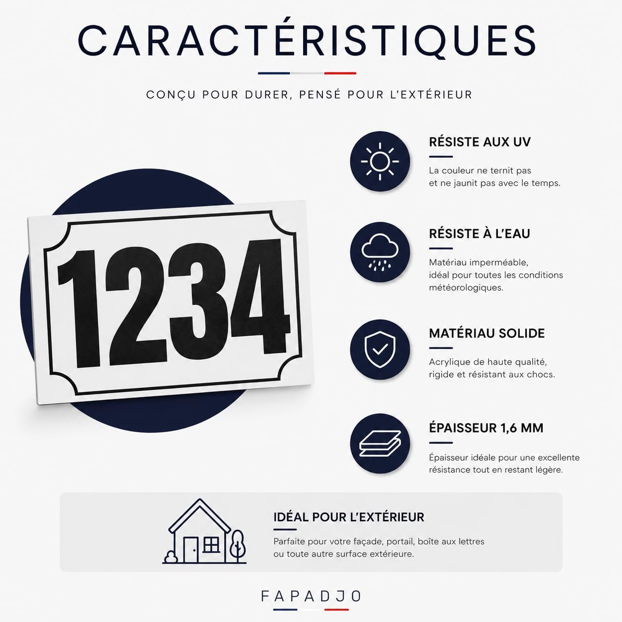 Infographie des caractéristiques de la plaque numéro maison personnalisée : acrylique 1,6 mm résistant aux UV et à l’eau