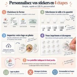 Les 4 étapes pour personnaliser vos stickers : forme, taille et quantité, import du visuel, impression et découpe