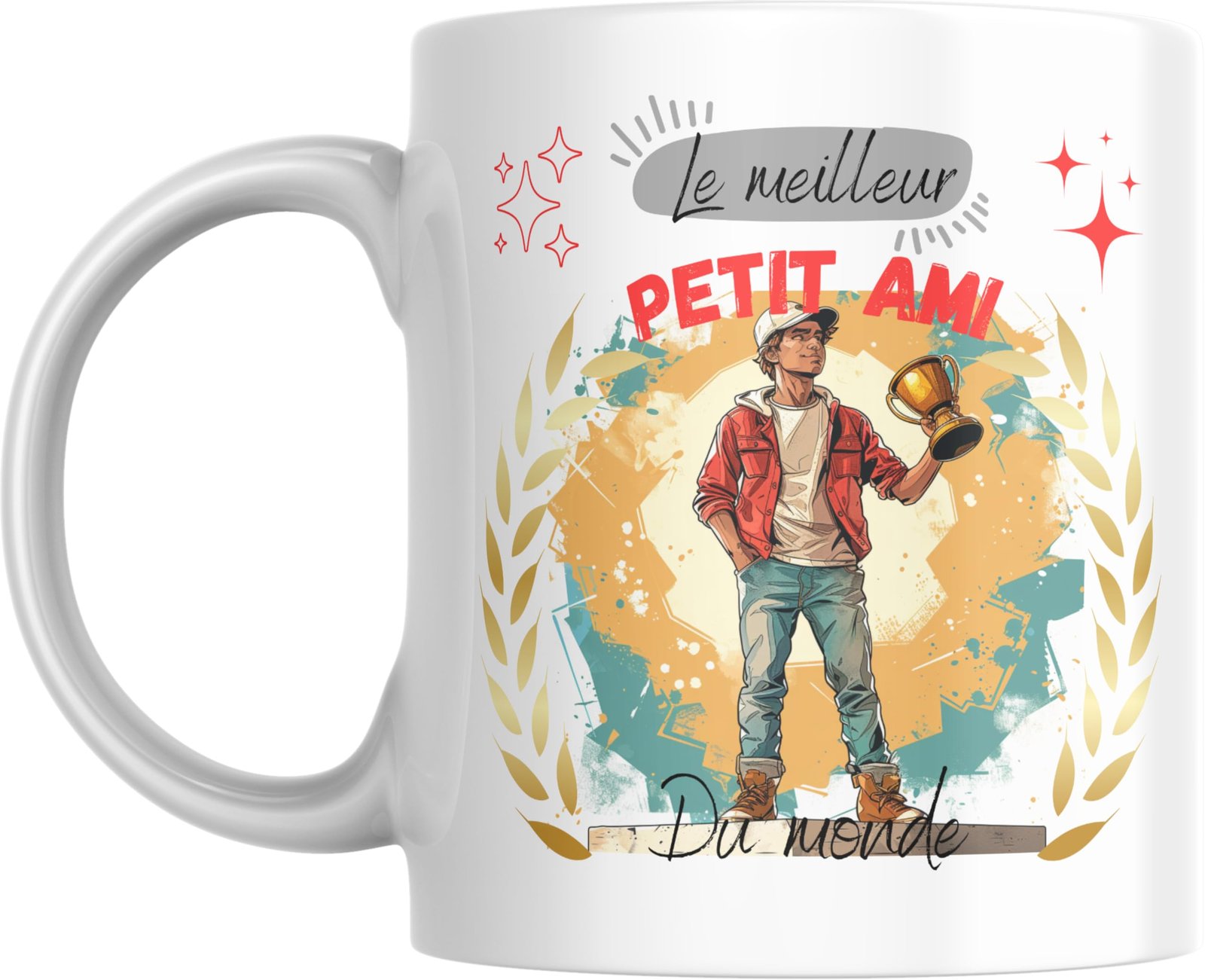 Mug meilleur petit ami du monde avec jeune homme à casquette tenant une coupe