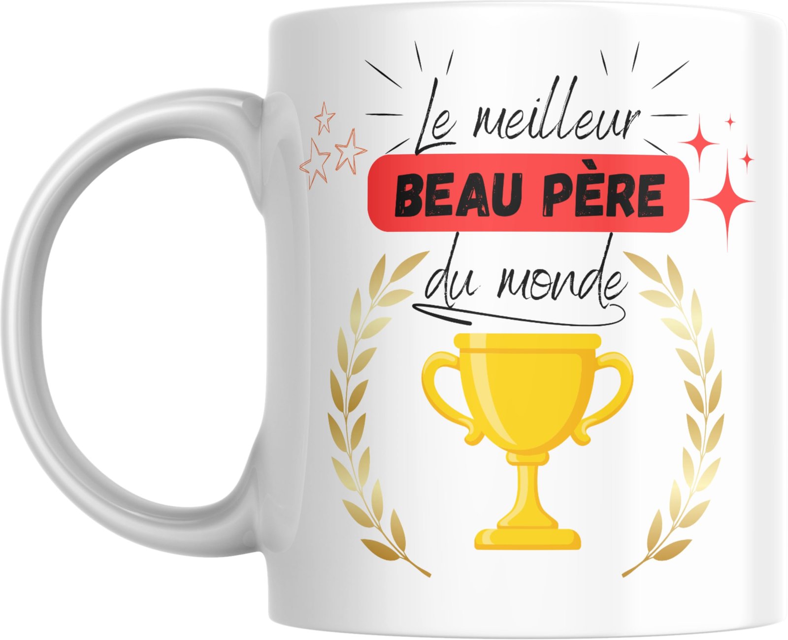 Mug meilleur beau-père du monde avec coupe dorée et bandeau rouge