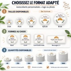 Infographie des formats de stickers personnalisés : tailles de 3 à 8 cm, quatre formes et quantités
