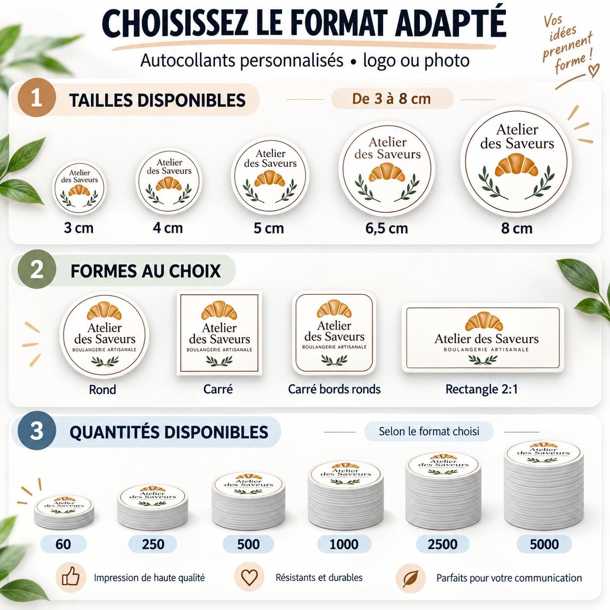 Infographie des formats de stickers personnalisés : tailles de 3 à 8 cm, quatre formes et quantités