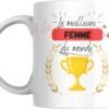 Mug meilleure femme du monde avec coupe dorée et bannière rouge