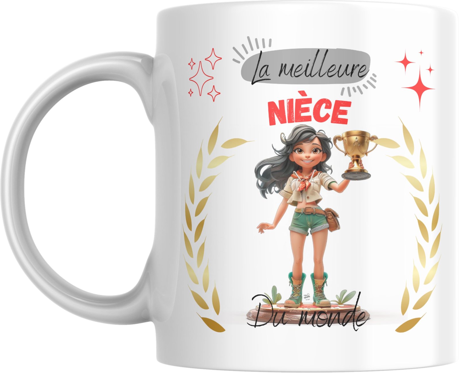 Mug meilleure nièce du monde avec aventurière illustrée tenant une coupe