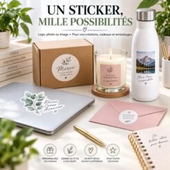 Stickers personnalisés collés sur un carton kraft, une bougie, une gourde, une enveloppe et un ordinateur portable