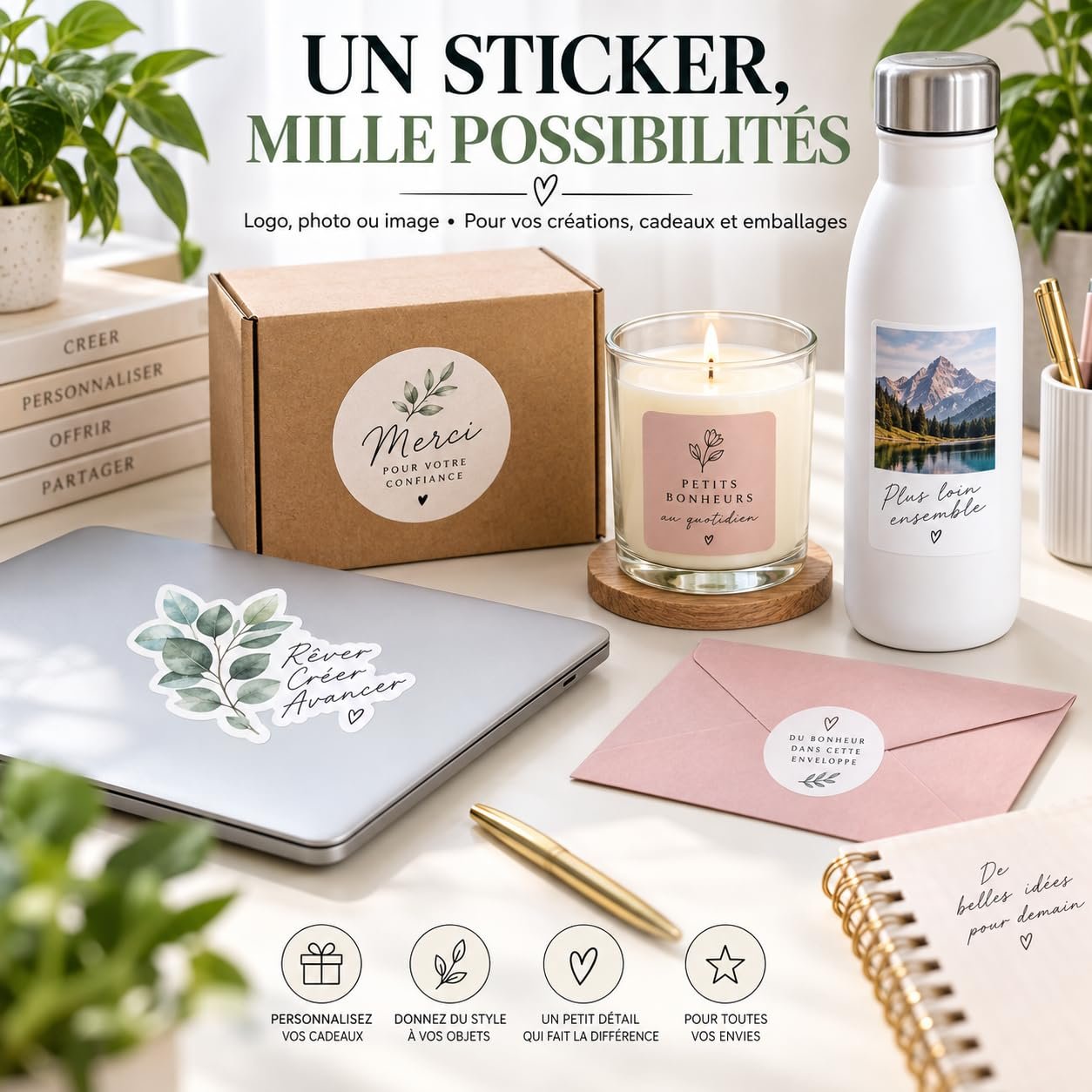 Stickers personnalisés collés sur un carton kraft, une bougie, une gourde, une enveloppe et un ordinateur portable