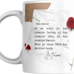Mug lettre d’amour avec mot doux tapé à la machine et rose rouge