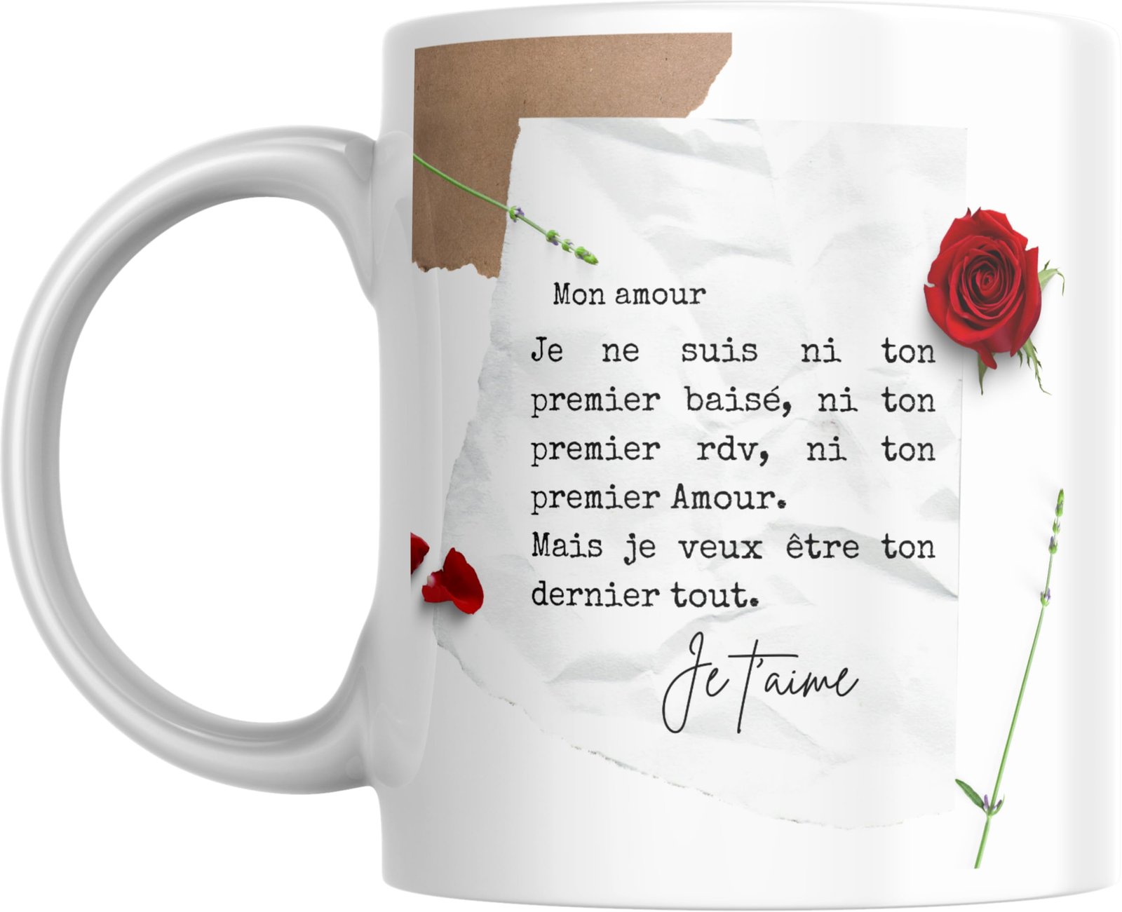 Mug lettre d’amour avec mot doux tapé à la machine et rose rouge
