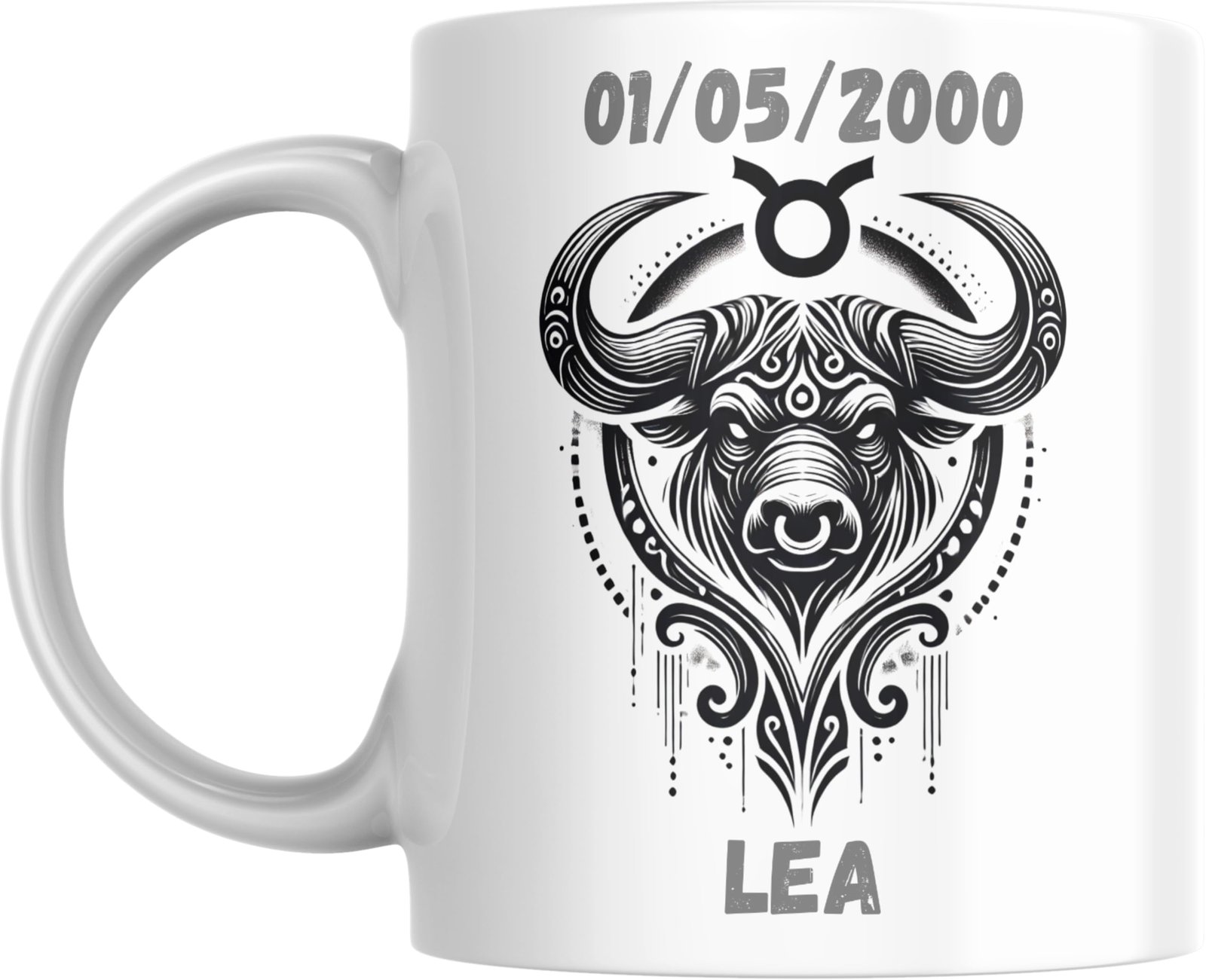 Mug signe astrologique Taureau personnalisé : tête de taureau aux cornes déployées, prénom et date de naissance