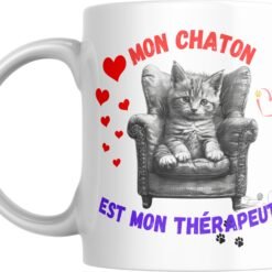Mug chat Mon chaton est mon thérapeute avec chaton dans un fauteuil