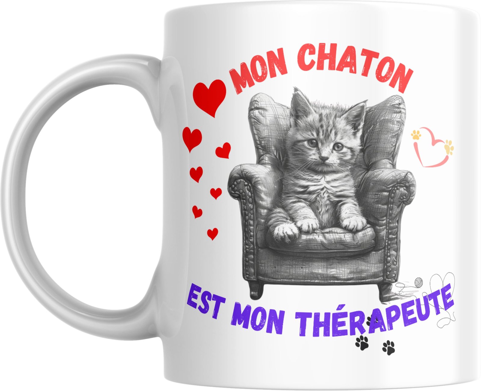 Mug chat Mon chaton est mon thérapeute avec chaton dans un fauteuil