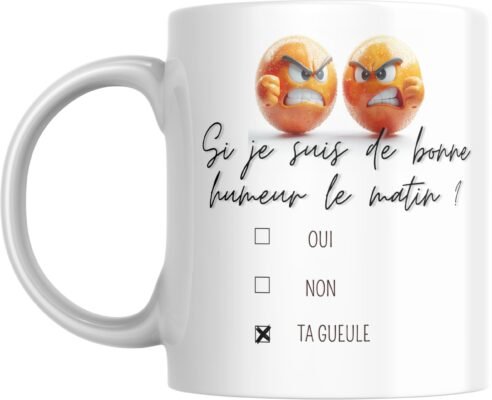 Mug humeur du matin avec deux visages furieux et la case Ta gueule cochée
