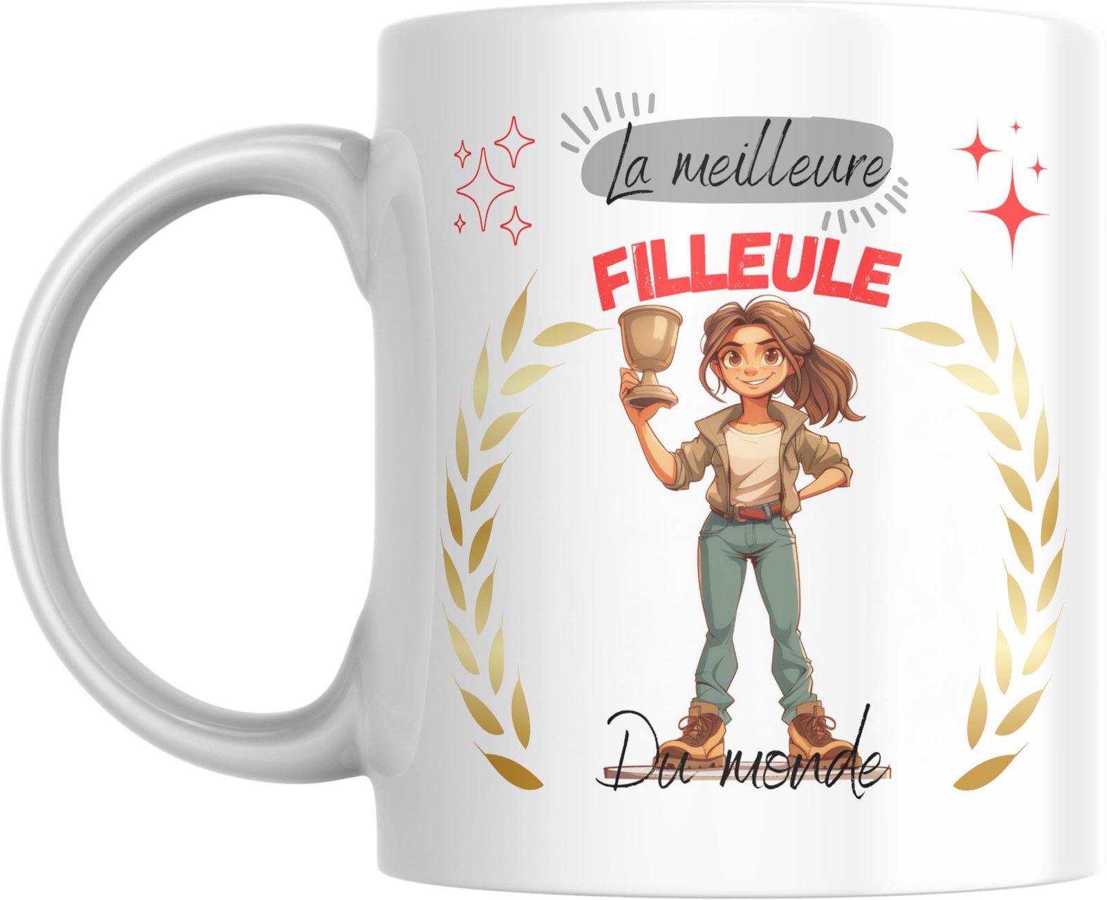 Mug meilleure filleule du monde avec jeune fille illustrée tenant une coupe