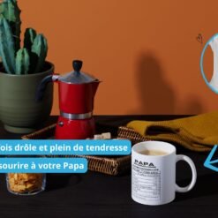 Mug papa humour sur une table avec cafetière italienne