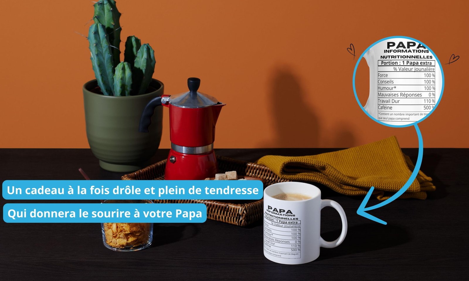 Mug papa humour sur une table avec cafetière italienne