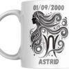 Mug signe astrologique Vierge personnalisé : profil féminin à la longue chevelure, prénom et date de naissance