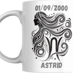 Mug signe astrologique Vierge personnalisé : profil féminin à la longue chevelure, prénom et date de naissance